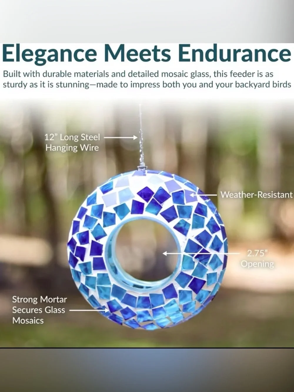 9.25” Blue Mosaic Hanging Bird Feeder - Decorative Outdoor Seed Feeder